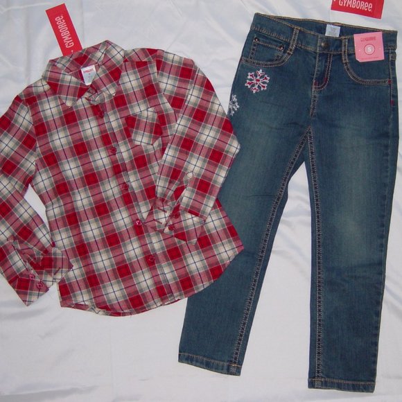 NWT Gymboree 5 red plaid buttondown shirt blue jeans set outfit - Picture 1 of 8